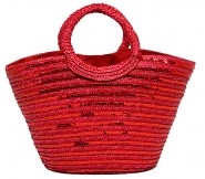 Straw Bucket Tote: Sequined Woven Wheat Straw w/ Loop Handles - Red - BG-B11036RD